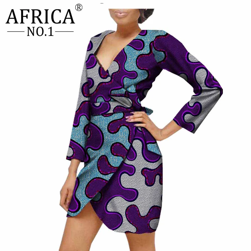 

Africa No.1 dress for women 2020 cotton three quarter sleeve hidden breasted women causal mini dress with sashes batik A1825030