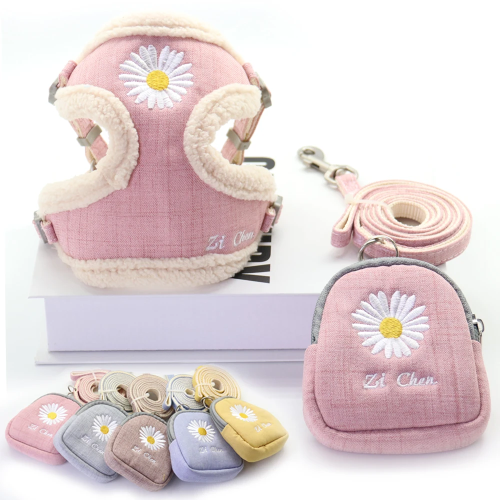 

Dog Harness and Leash Set Snack Bag Soft Keep Warm Embroidery Cat Harnesses Leash for Small Medium Dogs Vest Outdoor Walking