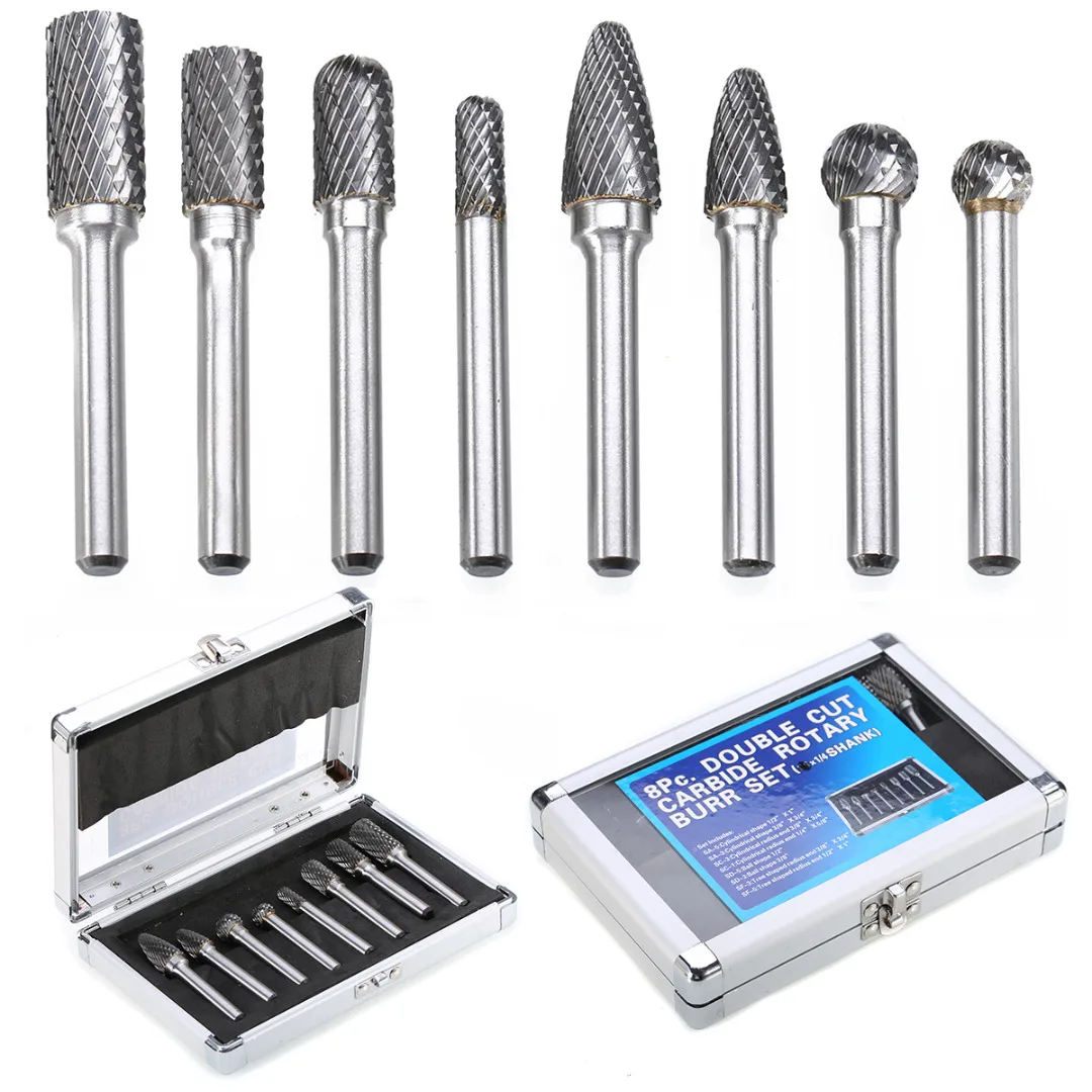 

Mayitr 8Pcs 1/4'' Shank Tungsten Carbide Burrs Set Carbide Rotary Burrs Electric Drill Bits Set with Case