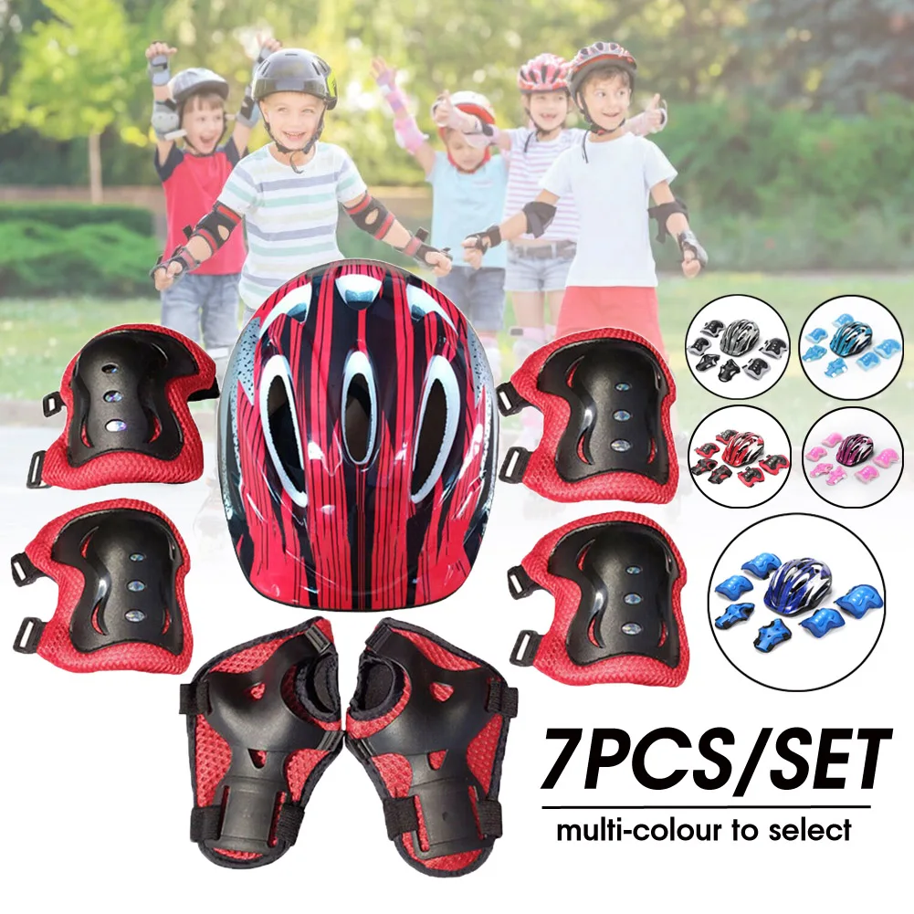 7PCS Kids Helmet Knee Elbow Pad Set Protective Roller Skate Cycling Safety Pink 