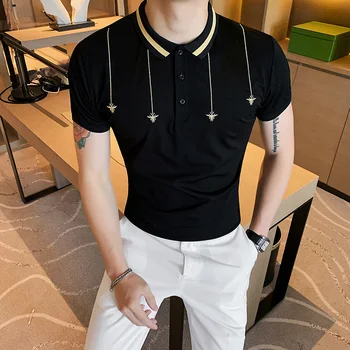 

Social Knitting Slim Polo Shirt Men Summer Fashion Embroidery Short Sleeve Polo Homme Slim Fit Casual Mens Polos Shirts White