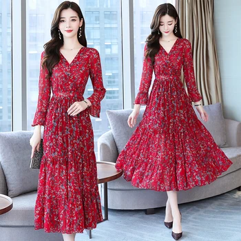 

2020 Autumn Long Sleeve Floral Chiffon Dress New Women's Waist Waist And Thin Over The Knee V-neck Dress Burgundy S