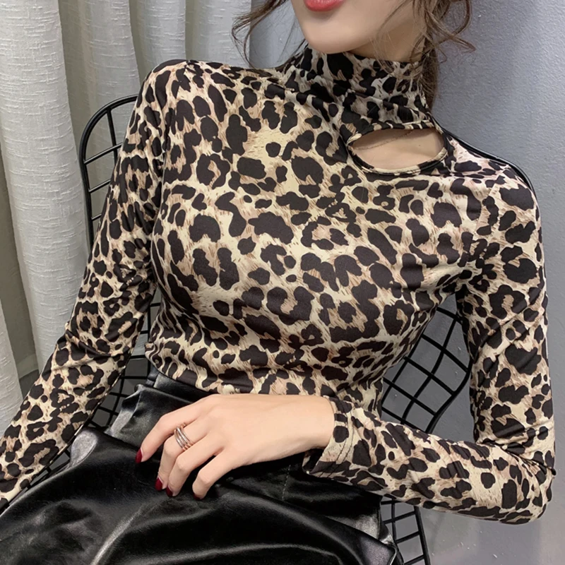 

2020 Vintage Half Turtleneck Cotton T Shirt Women Korean Fashion Sexy Leopard Tshirts Elastic Hollow Out Knitted Female Tops