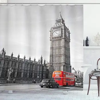 

London Shower Curtain, Big Ben Tower Begining of Westminster Bridge with Black Cab and Red Bus Image, Cloth Fabric Bathroom