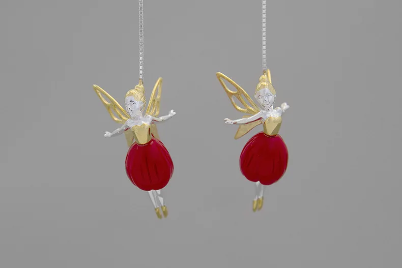 INATURE 925 пробы серебряный красный коралл цветок фея длинные висячие серьги для женщин модные ювелирные изделия подарок