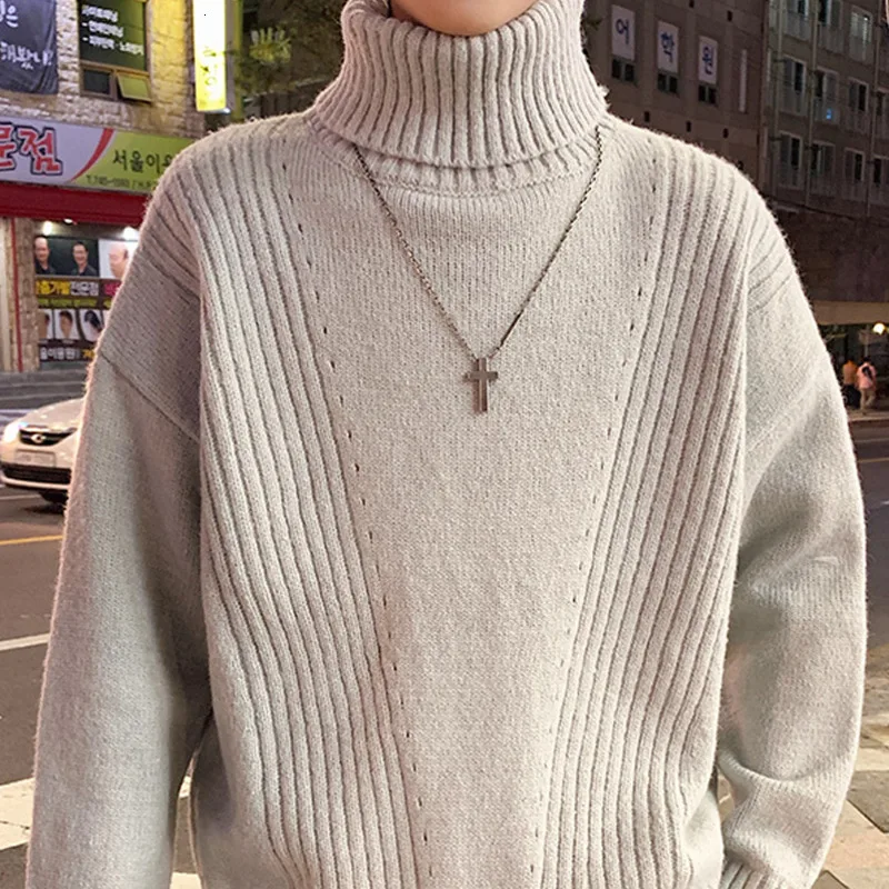 Зимний свитер с высоким воротником мужской теплый модный однотонный Повседневный вязаный пуловер Мужской уличная свободный свитер с длинными рукавами
