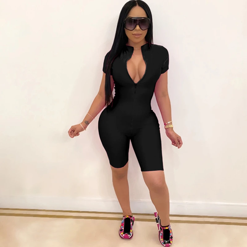 

Womens Fashion Solid Color Zipper Romper