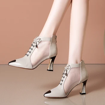 

Summer Boots Breathable Mesh metal Pointed Toe Short Booties Fashion Women Pumps High Heels Spring apricot Black