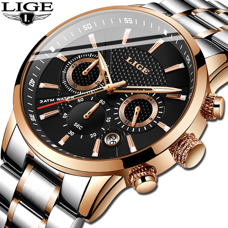 Reloj hombre модные золотые мужские часы lige top класса люкс Бизнес Нержавеющая сталь Водонепроницаемый кварцевые часы Для мужчин, спортивные часы