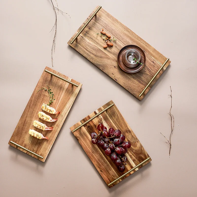 Lovesickness Wooden Serving Tray Rectangle Metal Handle Fruit Pizza Sushi Dish Food Storage Plate Container Hotel Display Pan 4