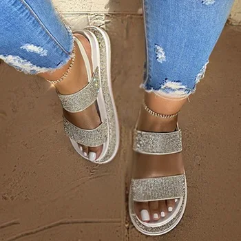 

Summer Women Sandals Rhinestone Platform Heels Back Strap Solid Peep Toe Fashion 2020 Luxury Beach Ladies Shoes Zapatos De Mujer