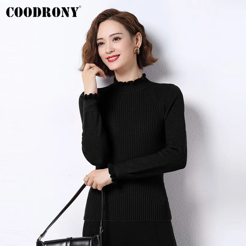 COODRONY Brand Basic Solid Color Knitting Warm Jumpers Female 2020 Winter Casual Soft Slim Ruffled Collar Sweaters Women W1126