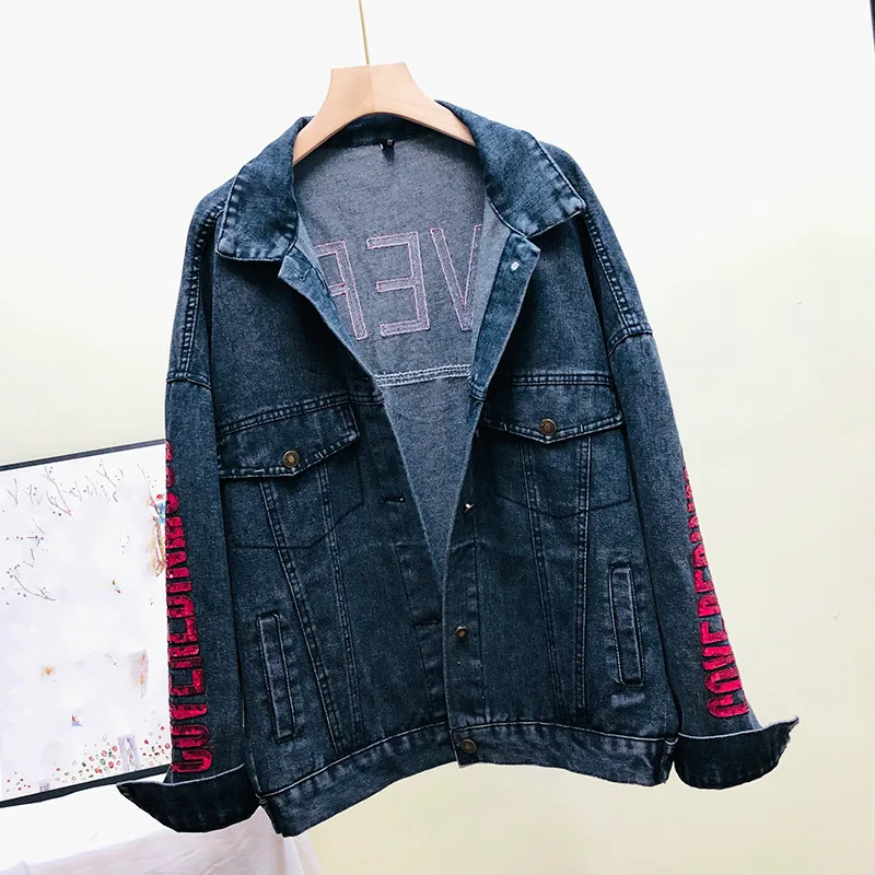 Neploe Autumn Fashion Women Sequine Letters Demin Coat Turn-down Collar Long Sleeve Cowboy Single Breasted Jeans Jackets 54371