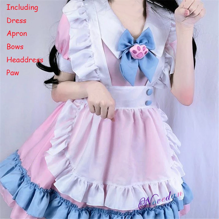 Lolita Cosplay Fantasias para Estudante, Pata do Gato Kawaii, Avental Rosa,  Roupas de Empregada, Ruffles de