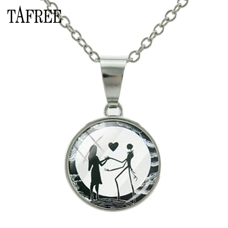 

TAFREE Jack Skellington & Miss Sally Love Heart Photo Glass Cabochon Silver Chain Snap Button Pendant Necklace Jewelry NS094