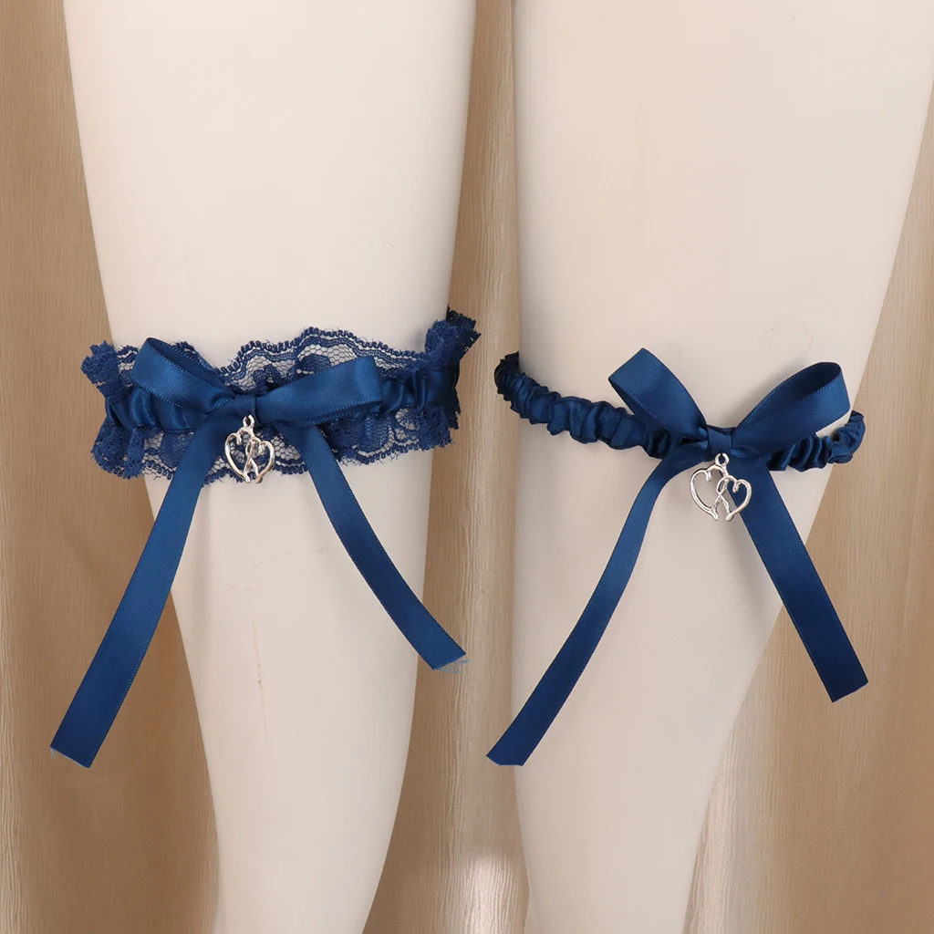 Pack of 2 Elegant Wedding Bridal Bowknot Love Heart Pendant Lace Garter Throwaway Toss Leg Ring Blue One Size