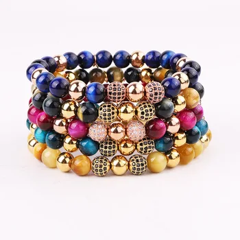 New Fashion 8mm Mix Natural Stone Colorful Tiger Eye Beaded CZ Pave Ball Charm Elastic Bracelet For Women Men Jewelry Gift