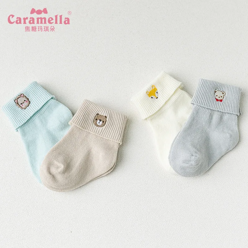 Caramella/4 пары носков для новорожденных мальчиков короткие носки из чесаного хлопка с рисунком медведя из мультфильма для маленьких девочек изысканное мастерство