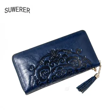 

SUWERR New Women Genuine Leather wallets Fashion embossing bag real cowhide leather women clutch bag luxury wallet women