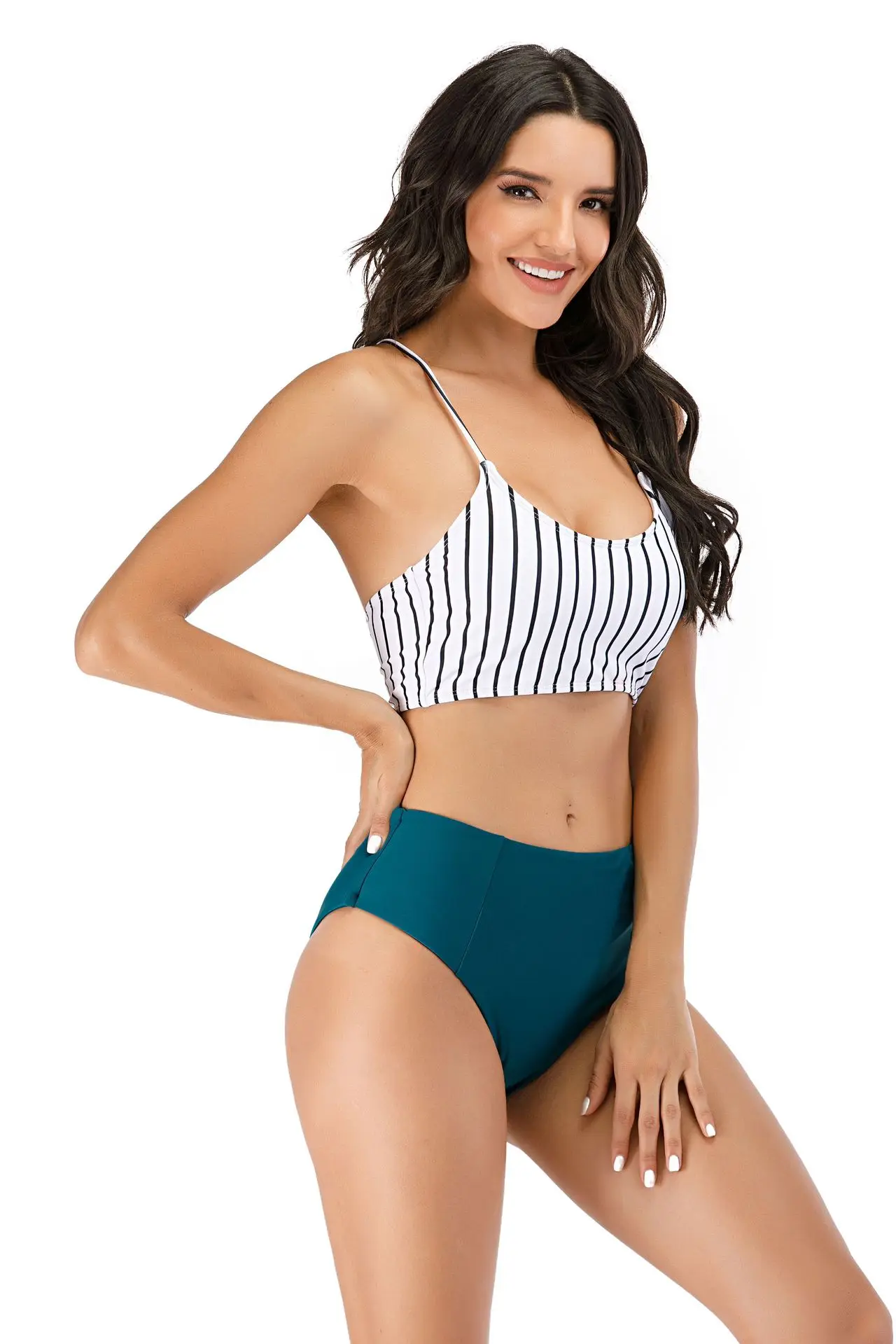 

@Women's stripe combination beach suit split high waist Lace Up Bikini water sports outdoor casual tight quick dry swimsuit