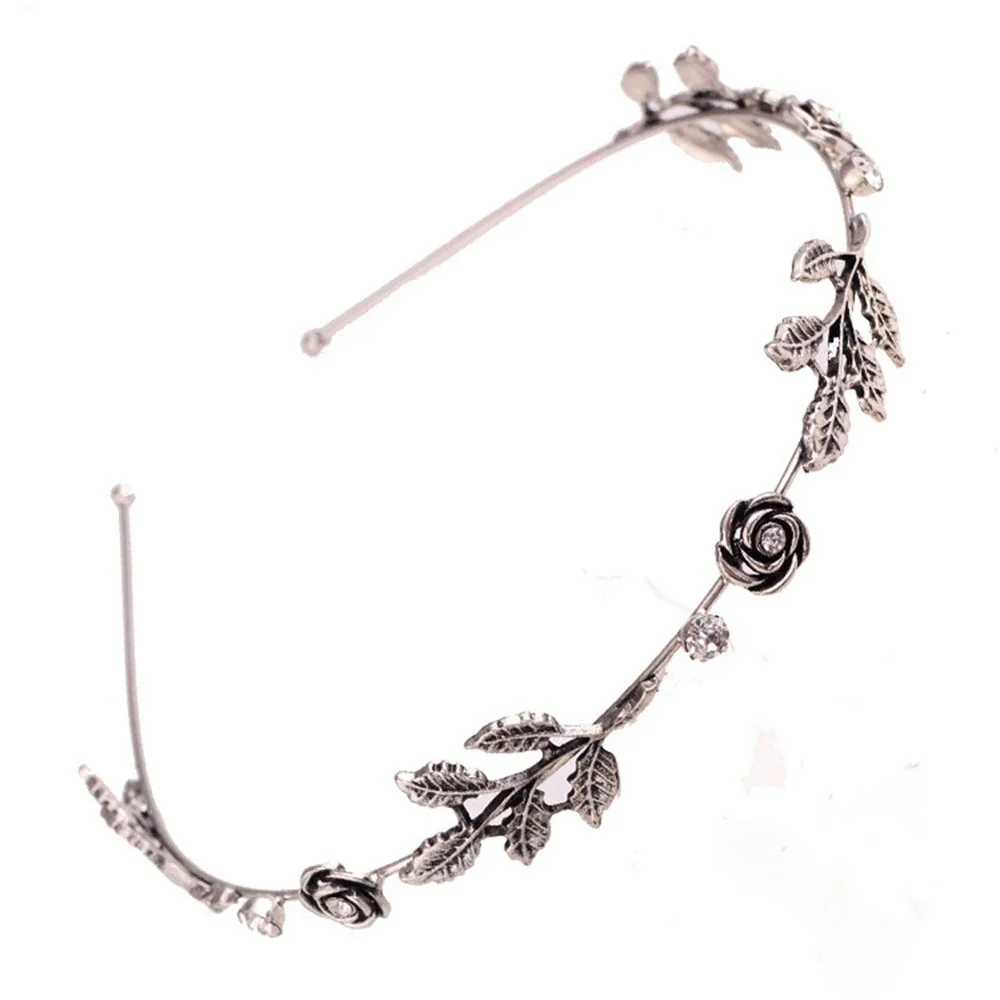 Женский винтажный листок розы, металлическая повязка на голову, изысканный блестящий обруч для волос со стразами, повязка на голову для девочек, модные украшения - Цвет: Antique silver