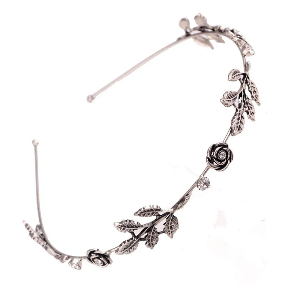 Antique silver Женский винтажный листок розы, металлическая повязка на голову, изысканный блестящий обруч для волос со стразами, повязка на голову для девочек, модные украшения - Цвет: Antique silver