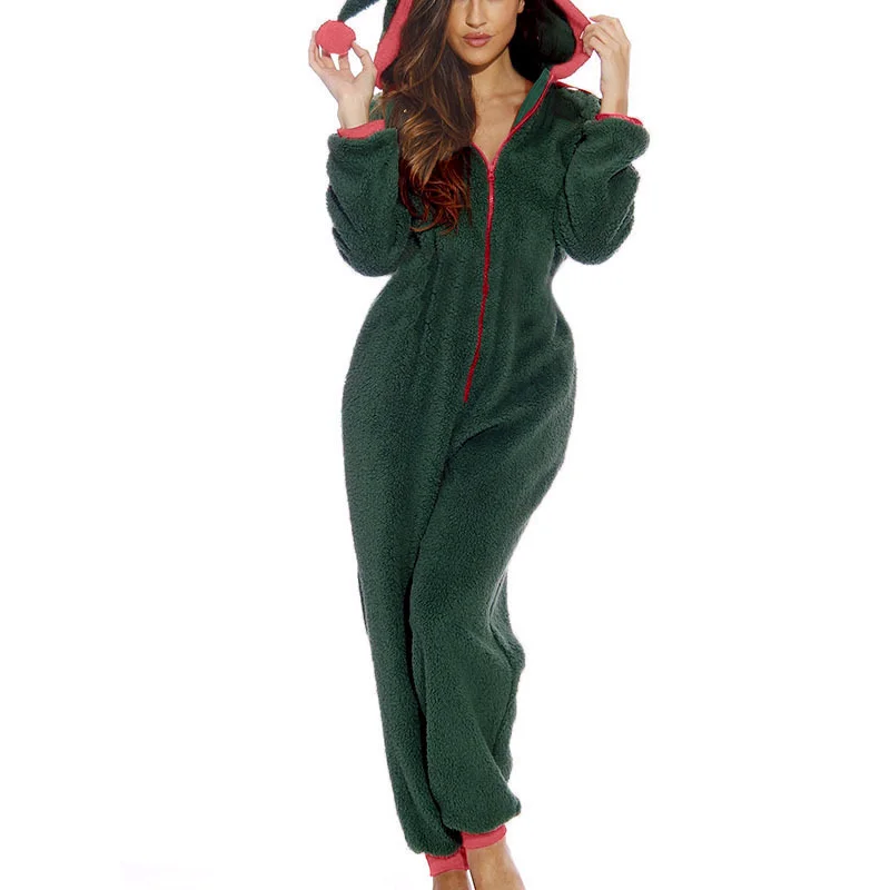 

2019 Winter Warm Women Onesies Pajama Solid Green Pink Fleece Pajama Jumpsuits Onesies Kawaii Teddy Furry Hooded Female Pajamas