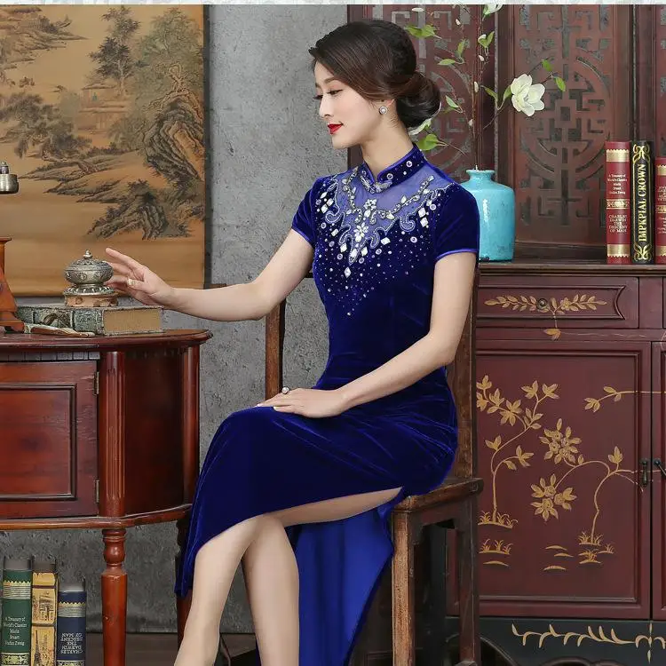Добавить горный хрусталь перспектива женское платье-Ципао вечерние платья Половина рукава воротник стойка сексуальное китайское современное платье Ципао - Цвет: Blue B