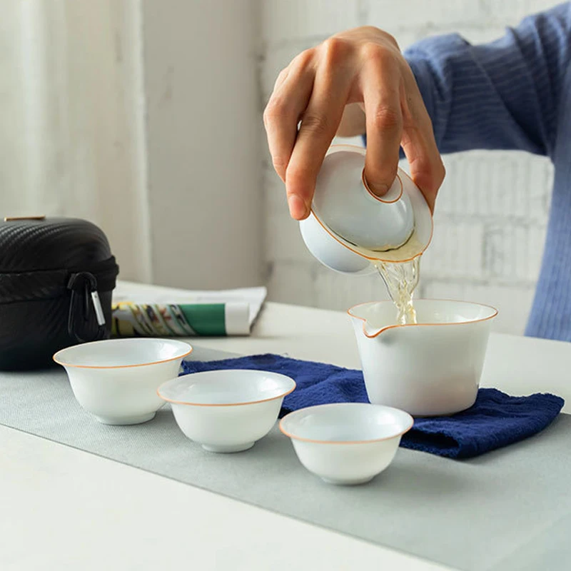 Tea Set Suit Ceramic Travel Home Office Cup Container with Bag Tea Sets A Pot Two Cups Portable Teapot Cup