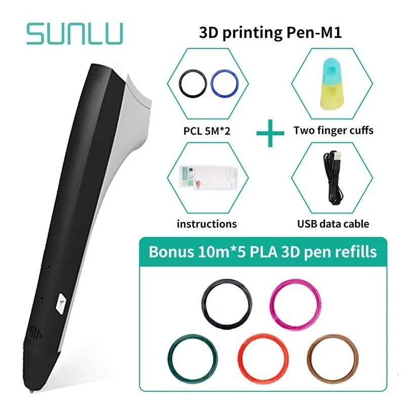 SUNLU Prince M1 3D печать Ручка для детей Исследуйте интеллект гаджет Черный цвет 3D печать Ручка Поддержка PLA/PCL нити