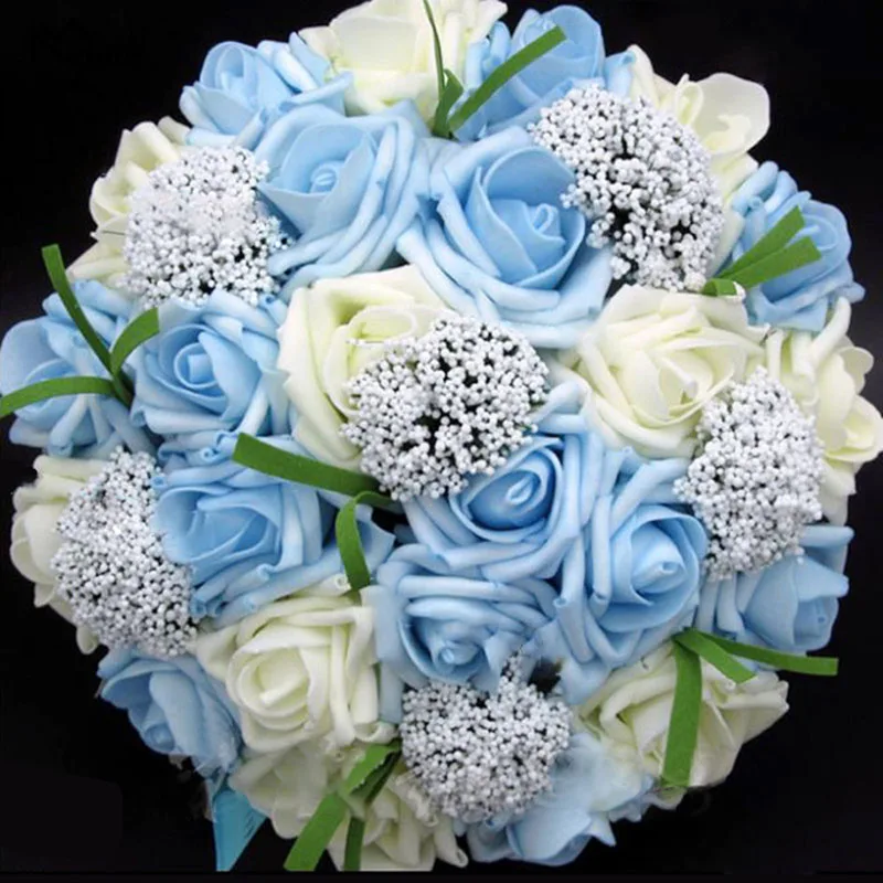 Light-blue Meldel Artificial Roses Pink Wedding Flower Bridal Bouquet Fake Flower Wedding Bouquet Bridal Bouquets Holder Mariage Home Decor - Цвет: Light-blue