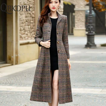 

Autumn Winter Cashmere Trench Jacket Women Casual Woolen Plaid Coat Thickness Warm Button Pocket Jacket Female Plus Size Outwear
