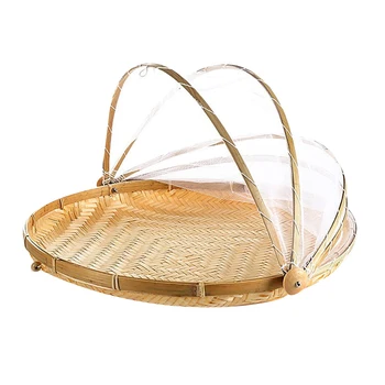 

36x36cm Handmade Bamboo Woven Bug Proof Wicker Basket Dustproof Picnic Fruit Tray Food Bread Dishes Cover with Gauze
