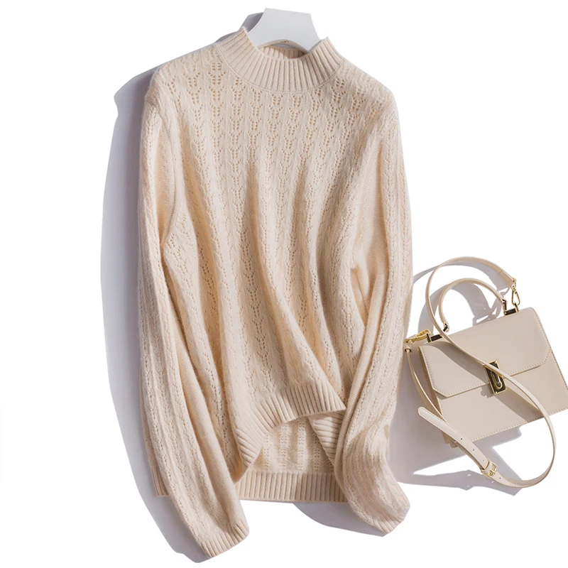 

LHZSYY 2019Autumn Winter New Women's 100% Pure Wool Sweater Half-High Collar Loose Knit Bottoming Shirt Hollow Wild Warm Sweater