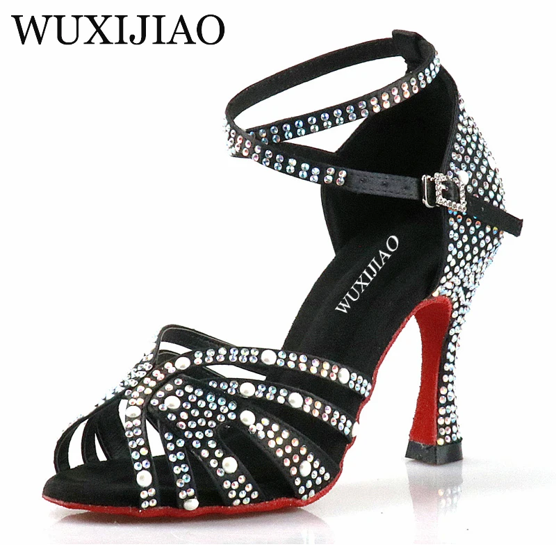 WUXIJIAO Women Latin Dance Shoes Rhinestones Soft Bottom Salsa Shoes For Dancing Ladies Sandals Women's Wedding Hight Heels 7.5C 2