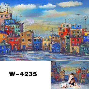 

HUAYI Colorful city building construction street photography backdrop oil painting Blue sky and color sunset backgroud W-4235