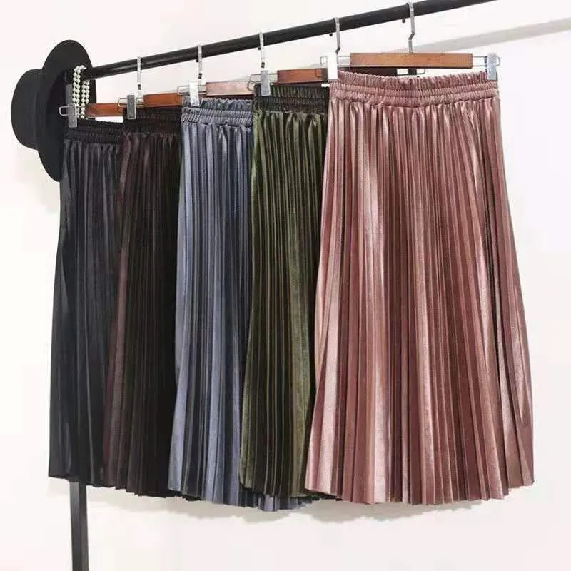RuiLee Chic office Elegant Women Long Metallic Silver Maxi Pleated Skirt Midi Skirt High Waist Elascity Casual Party