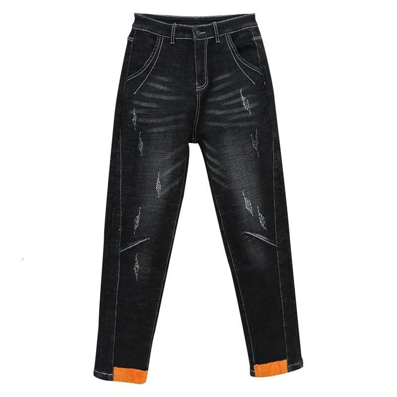 Женские зимние Джинсы бойфренда, модные сексуальные однотонные флисовые штаны-шаровары, Свободные Теплые плотные рваные джинсовые штаны размера плюс