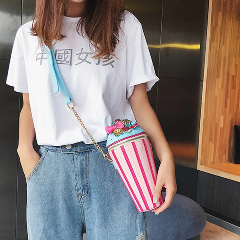 

Women Cute Stripe Ice Cream Shape PU Leather Shoulder Bag 2019 New Fashion Creative Embroidery Zipper Chain Crossbody Bag