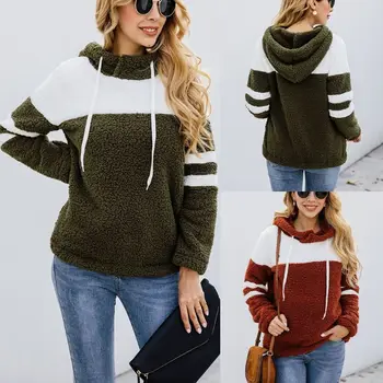 

Women 2019 Autumn Winter Sweatshirts Hoodies Lady Hooded Long Sleeve Patchwork Oversized Fleece Faux Lamb Wool Outwear Pullover