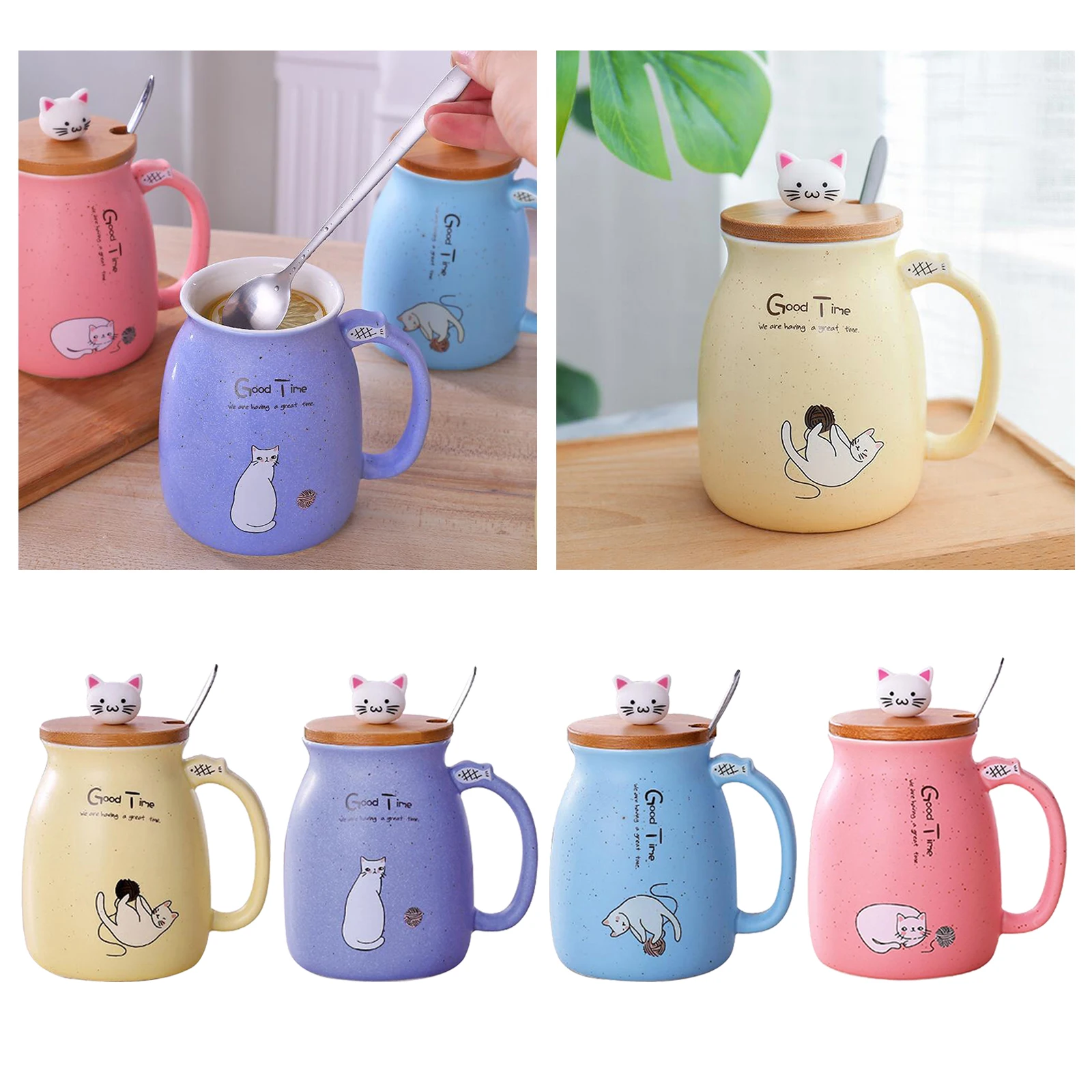 Cute Cat Ceramic Cup Hot Cold Tea Cup Milk Coffee Mug with Spoon Lid Pink