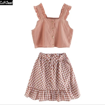 

Girl Summer Dress Set 2020 New Fashion Big Children Girls Vest Top+Plaid Dress 2pc Dress Set Kids Vintage Cute Dress Set Suits