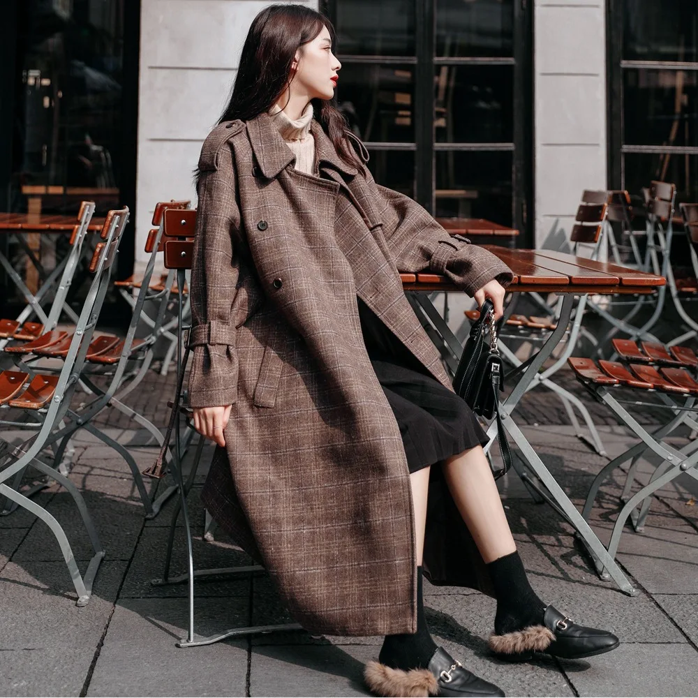 

Photo Shoot Long Woolen Jacket 2019 Autumn & Winter New Style WOMEN'S Dress Retro Laziness Style Pattern Waist Hugging Woolen Ov