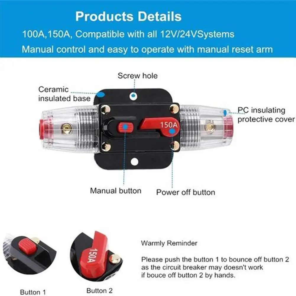 Disjoncteur Manuel 150A Pour Voiture - Réarmable, étanche - Pour Audio, Moteur De Pêche, Circuits électriques