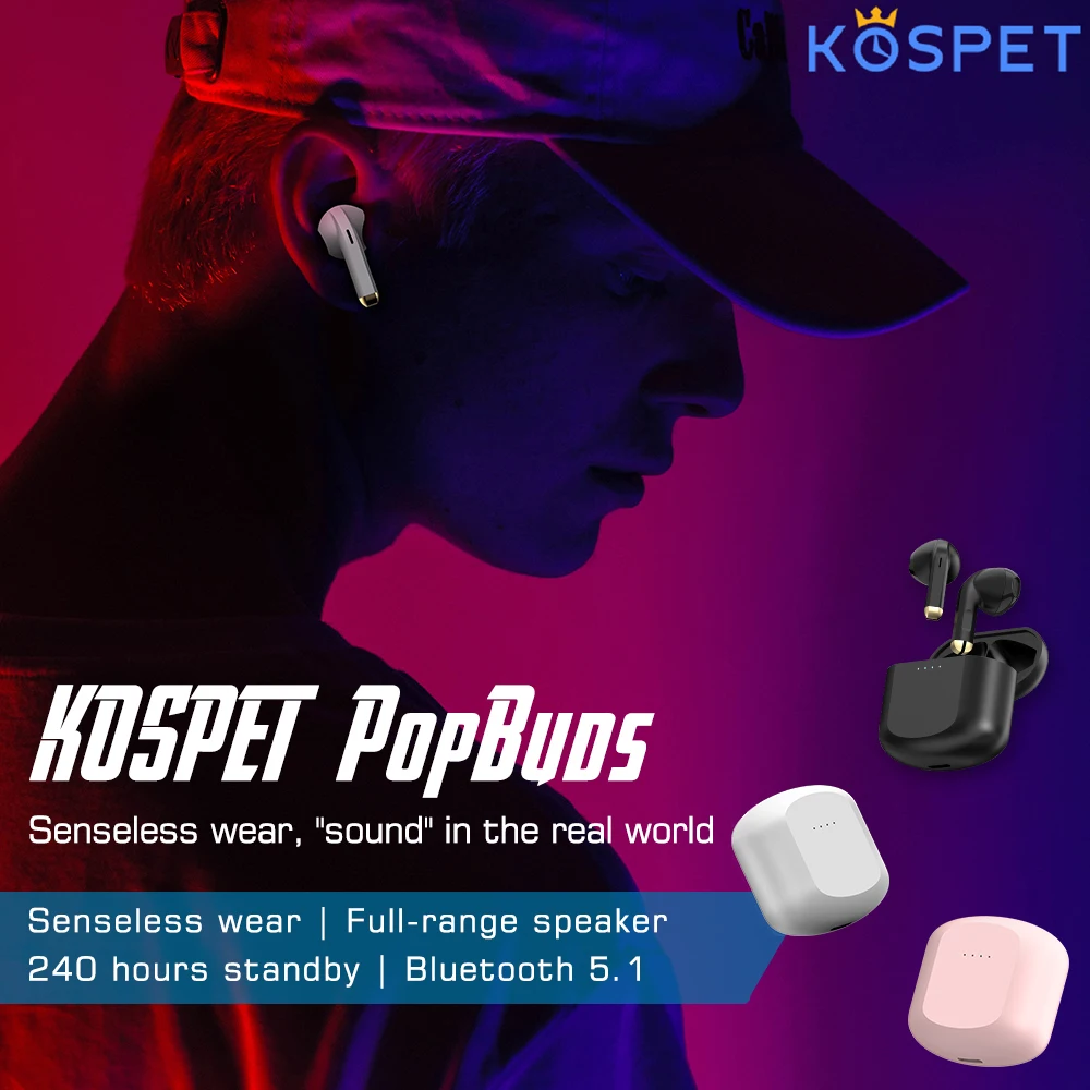 Photo Product TWS Bluetooth 5.1 Earphones KOSPET PopBuds Wireless Headphones Charging Box Sports Waterproof Earbuds Headsets With Microphone