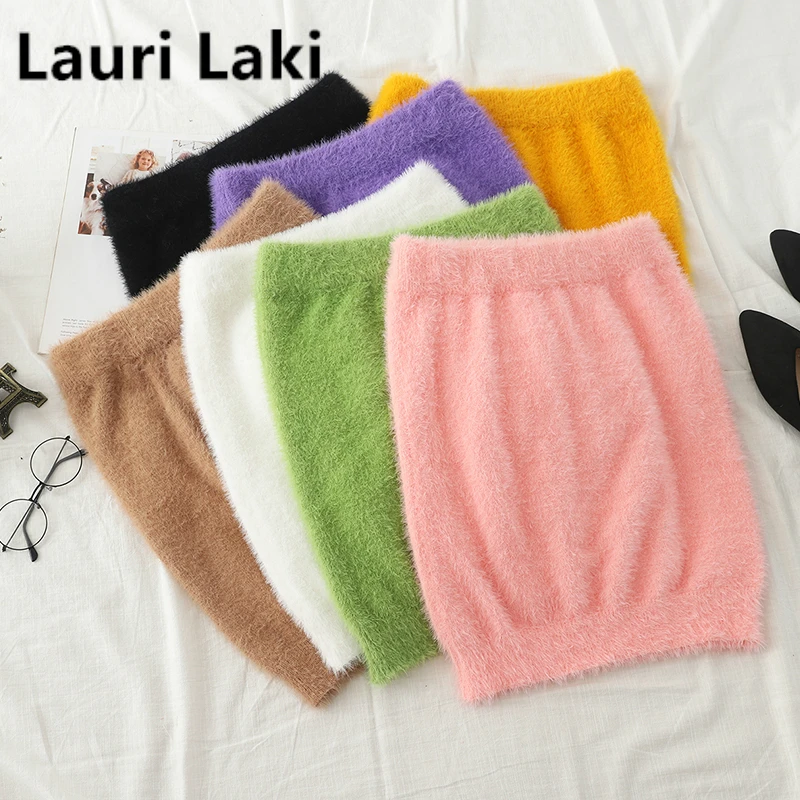 Прямая женская однотонная облегающая юбка-карандаш с высокой талией, меховая юбка осень-зима, винтажная элегантная юбка, черная, белая, розовая