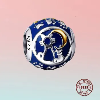 

100% 925 Sterling Silver Kitty Cat Round Beads Original Design Blue Charm DIY Bracelet Necklace Pendant Bead For Jewelry Making