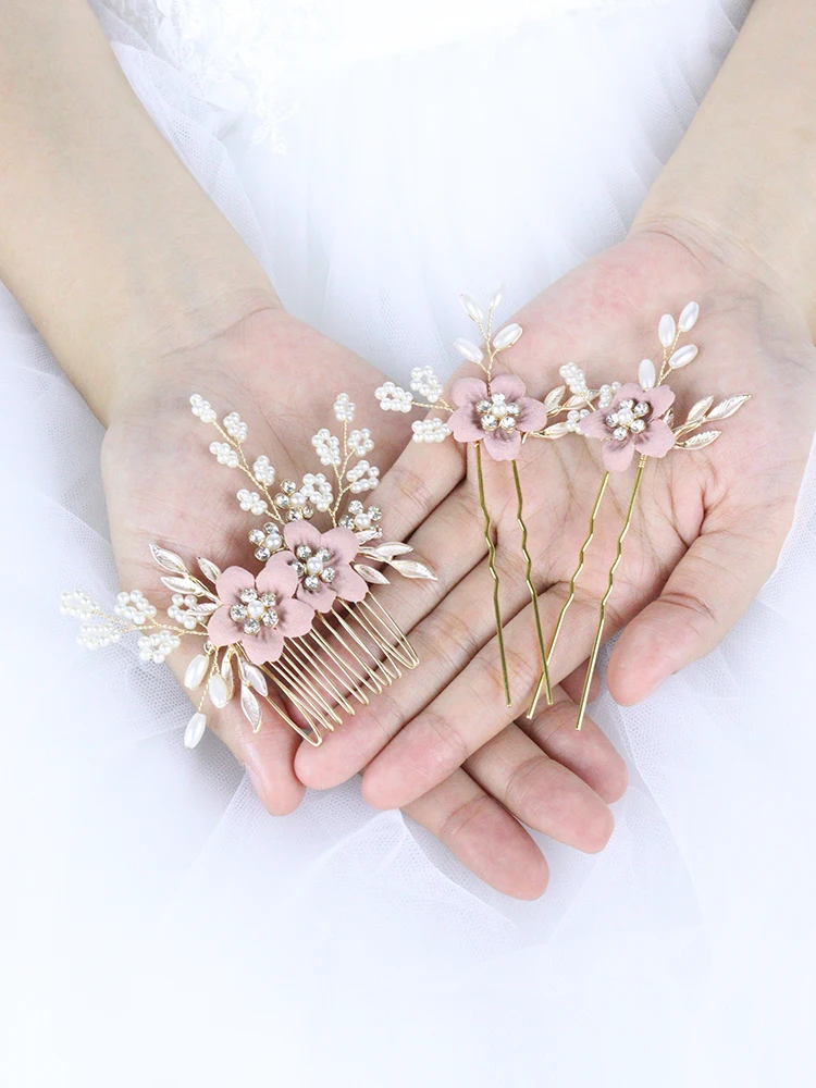 Romantic Wine Red Pink Flower Hair Comb and Hair Pin 3PCS Head Jewelry Bride Headdress for Party Wedding Bridal Accessories