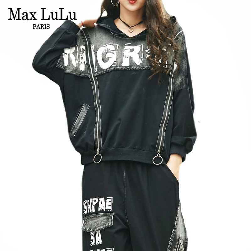 Max LuLu, весна, корейская мода, женские топы, шаровары, женские комплекты из двух частей, джинсовый костюм, винтажная одежда с капюшоном и принтом