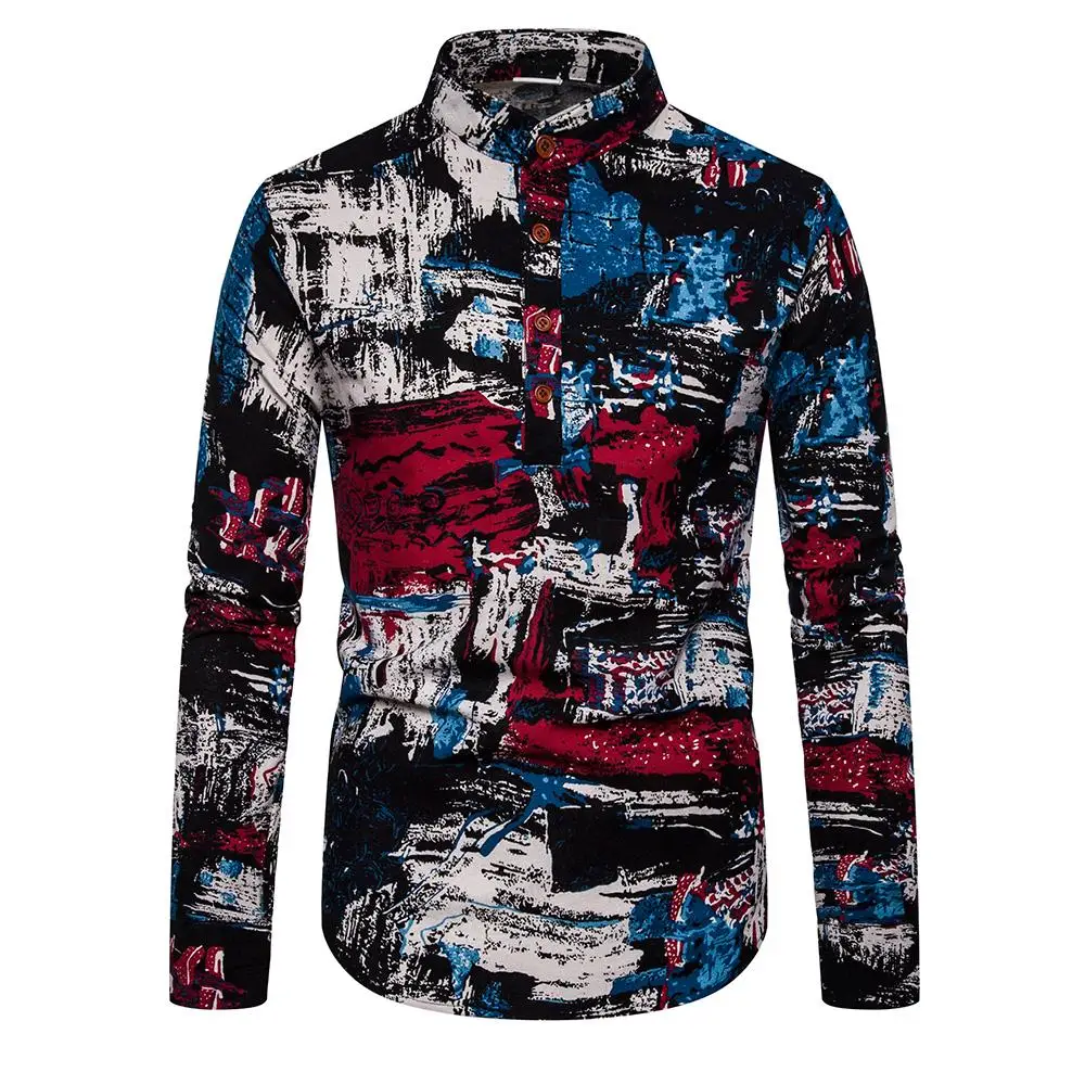 

Linen Shirts Men Ethnic style Floral graffiti Stand collar Unique button design Long sleeves Blouse Men Shirt